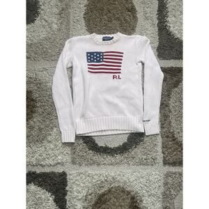 Polo Ralph Lauren Pink Pony Sweater Women’s XS USA Flag Knit Navy Rare